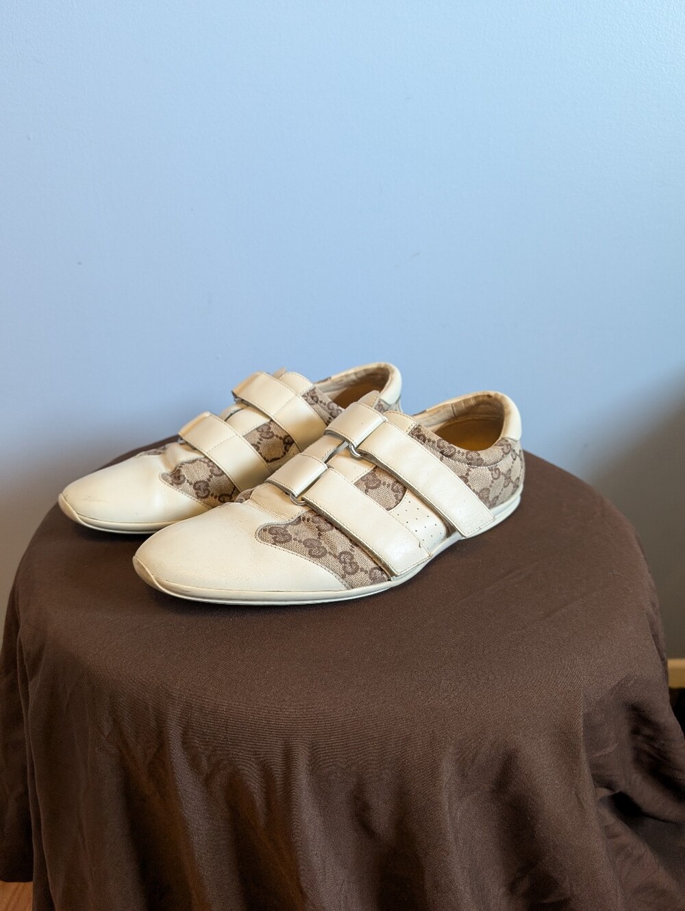 Gucci GG Canvas & Off-White Leather Velcro Strap Sneakers Size EU 44 / US 11